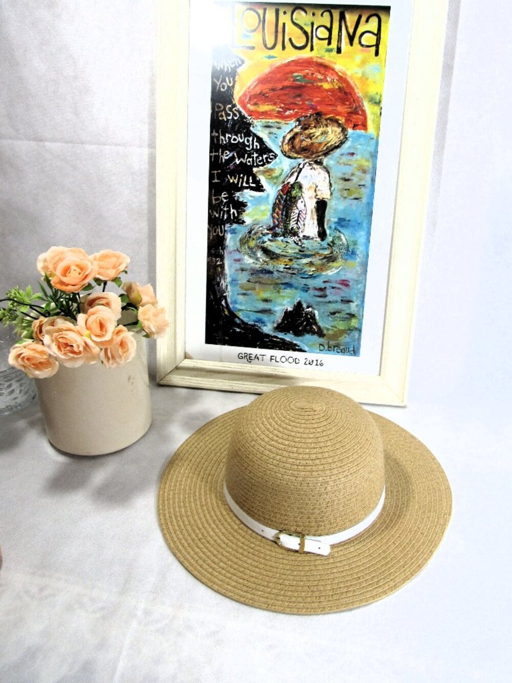 RAFFIA STRAW HAT, SIZE S/M WHITE BELT HAT HAND